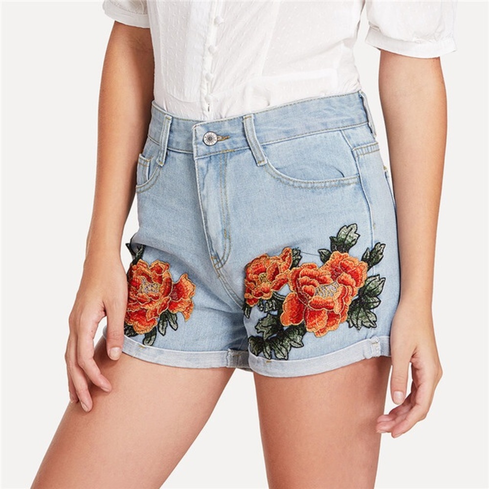 Sale! Floral embroidered high waist denim shorts - Picture 1 of 3